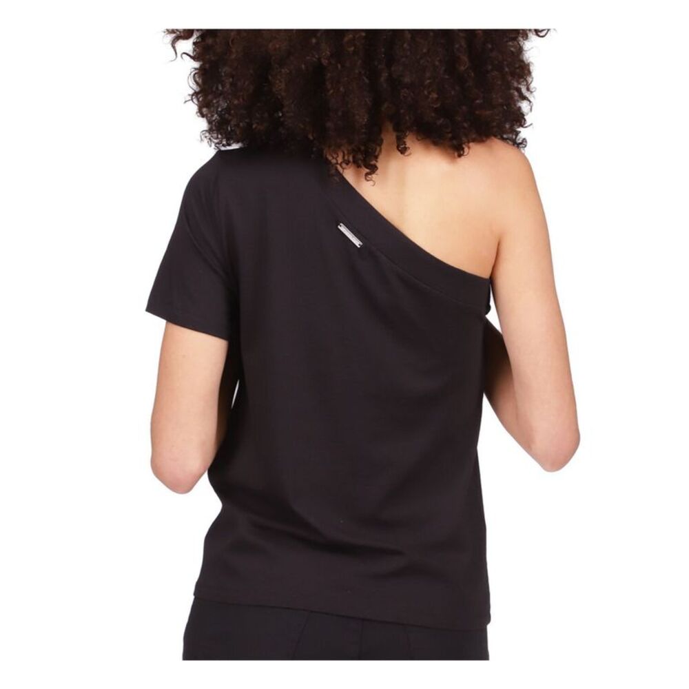 MICHAEL KORS Womens Black Short Sleeve Asymmetrical Neckline Top L - Picture 2 of 5